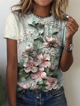 Kaos Wanita untuk Anak Perempuan Kaus Leher O Musim Panas Motif Bunga Lengan Pendek Streetwear Kasual Pakaian Wanita Mode Seksi Pakaian