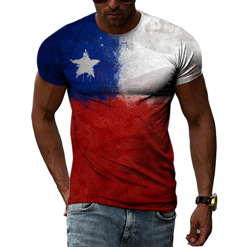 Kaos Musim Panas untuk Pria 3D Cetak Hip Hop Harajuku Kepribadian Leher Bulat Lengan Pendek Mode Pemandangan Alam Peta dan Bendera Chili - 0