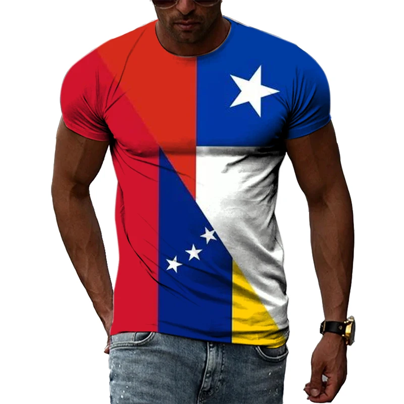Kaos Musim Panas untuk Pria 3D Cetak Hip Hop Harajuku Kepribadian Leher Bulat Lengan Pendek Mode Pemandangan Alam Peta dan Bendera Chili - 2