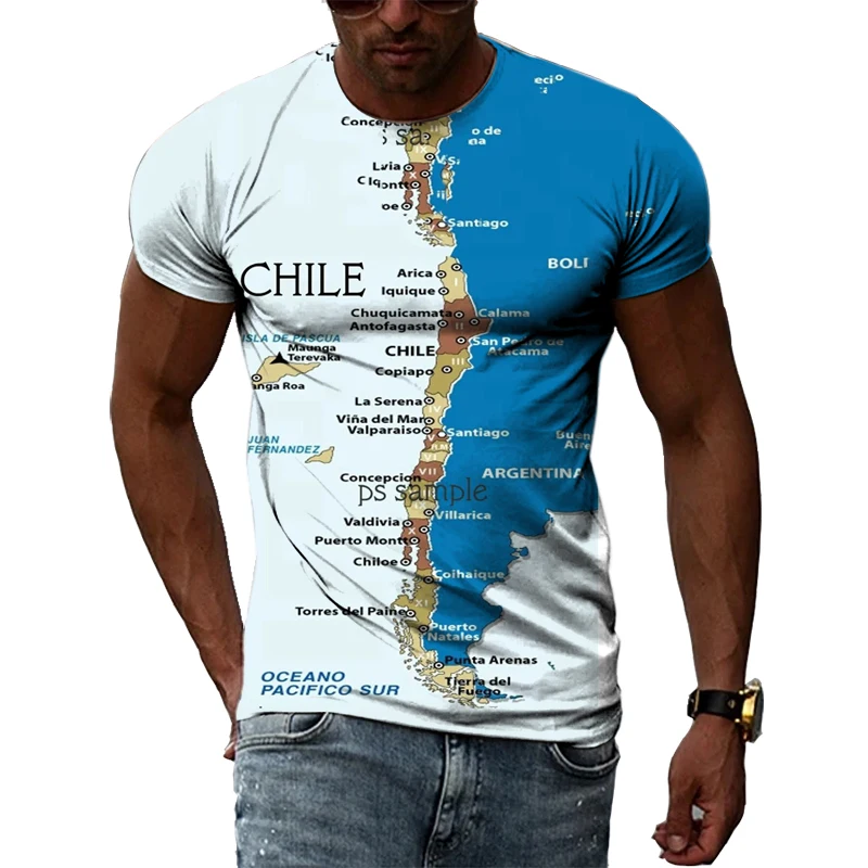 Kaos Musim Panas untuk Pria 3D Cetak Hip Hop Harajuku Kepribadian Leher Bulat Lengan Pendek Mode Pemandangan Alam Peta dan Bendera Chili - 4