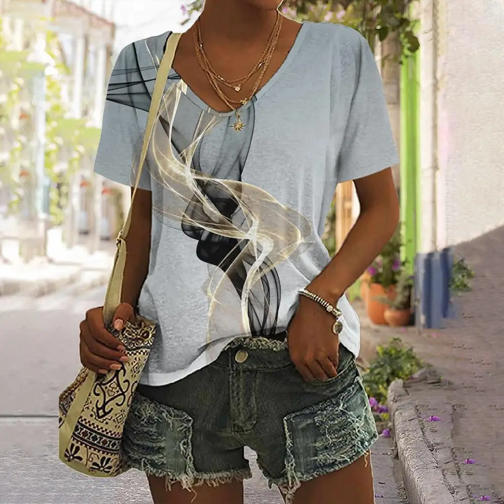 Kaos Wanita Musim Panas Kaus Atasan Leher V Lengan Pendek Kasual Fsahion Cetak Grafis Gradien Warna 3D Pakaian Wanita Ukuran Besar Pakaian Wanita - 1
