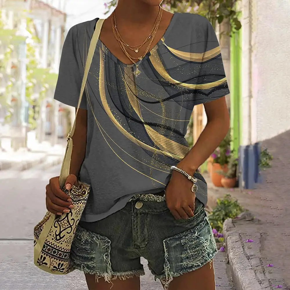 Kaos Wanita Musim Panas Kaus Atasan Leher V Lengan Pendek Kasual Fsahion Cetak Grafis Gradien Warna 3D Pakaian Wanita Ukuran Besar Pakaian Wanita - 3