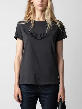 Kaus Berlian Imitasi Panas Huruf Sayap Wanita Atasan Katun 100% Lengan Pendek Kaus Kasual Leher-O Wanita 2023 Musim Panas