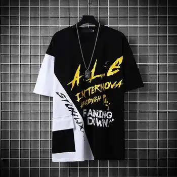 Kaus Patchwork Hip Hop Kaus Harajuku Pria Kaus Hitam Longgar Musim Panas Kasual Pria Kaus Atasan Korea Hitam Streetwear untuk Anak Laki-laki