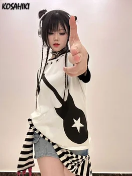 Kaus Patchwork Motif Harajuku 2023 Atasan Longgar Grunge Wanita Korea Fashion O Neck Grunge Atasan Lengan Pendek Estetika Y2k Baru Kaus Lengan Pendek Estetika