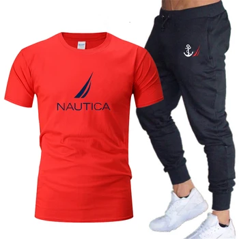 Kaus Pria NAUTICA Musim Panas Merek 2023 + Setelan Olahraga Kasual Pria Mode Cetak Logo Joging Katun Murni + Setelan Lengan Pendek