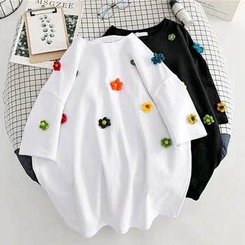 Kaus Putih Lengan Pendek Musim Panas 2022 Kaus D Leher O Bunga 3D Baru Kaus Chic Longgar Kasual Wanita Atasan Katun 100% Atasan Wanita