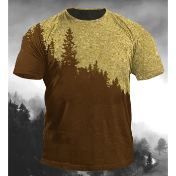 Kaus Vintage Pria Kaus Cetak 3D Pohon Hutan untuk Pria Kaus Longgar Ukuran Besar Mode Atasan Olahraga Pakaian Kasual Jalanan
