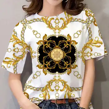 Kaus Wanita Musim Panas Atasan 3D Lengan Pendek Kaus Mewah Barok Pakaian Desainer Kaus Wanita Kaus Oversized Leher-O Kasual Kaus Kebesaran
