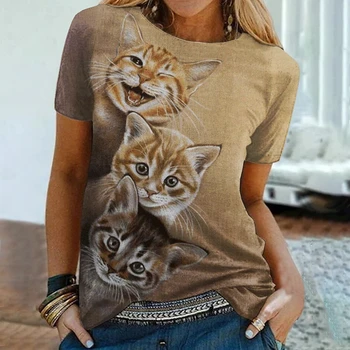 Kaus Wanita Musim Panas Kaus Harajuku Motif Fashion Kucing Lucu 3D Kaus Anak Perempuan Kawaii Kasual Lengan Pendek Pakaian Uniseks Ukuran Besar