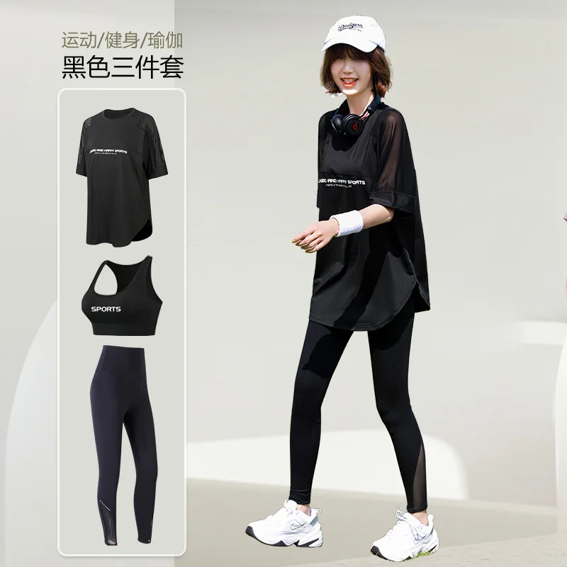 Kaus Longgar Jala+Bra+Legging Yoga Wanita Set 2/3 Potong Pakaian Olahraga Kebugaran Cepat Kering Setelan Olahraga Lari Ukuran Plus 4XL - 1