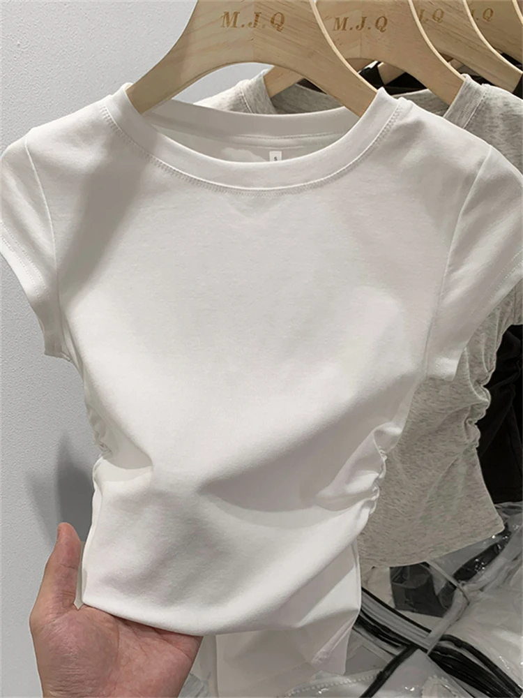 Kaus Wanita Musim Panas Kaus Anak Perempuan Atasan Pakaian Wanita Kaus Ramping Katun Kaus Crop Top Lengan Pendek Wanita Seksi Canale Y2k Putih - 0