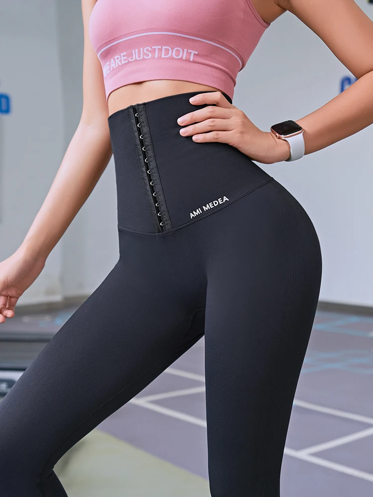 Kebugaran Wanita Korset Push Hip Postpartum Celana Yoga Pinggang Tinggi Latihan Legging Mulus Pakaian Olahraga Celana Ketat Latihan Lari Gym - 3