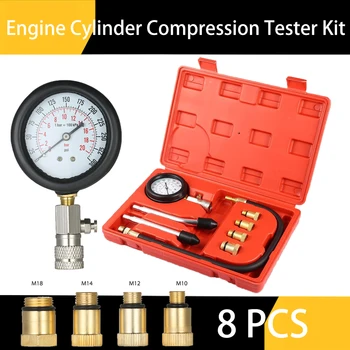 Kit Penguji Kompresi Silinder Mesin Bensin 8 buah Alat Pengukur Tekanan Alat Otomotif 0-300PSI
