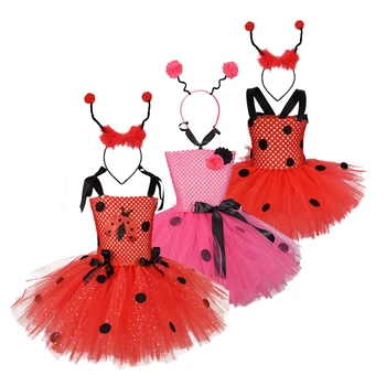 Kostum Cosplay Ladybug Anak Perempuan Halloween Gaun Tutu Kostum Hewan Serangga Ulang Tahun Anak Perempuan Gaun Mewah dengan Ikat Kepala Antena