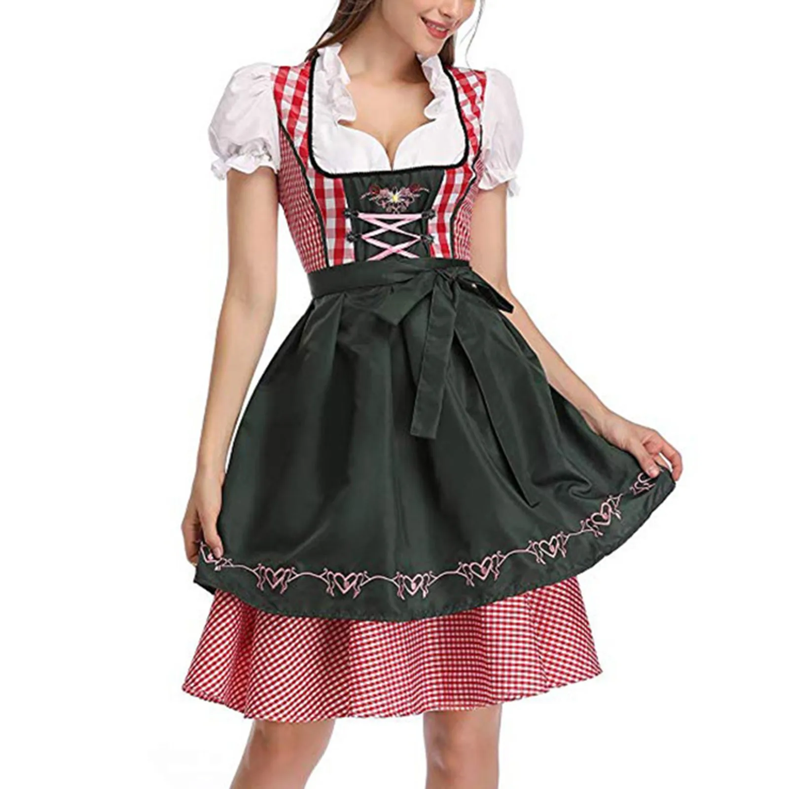 Kostum Oktoberfest Dirndl Wanita Gaun Clubwear Kotak-kotak Merah Muda Nasional Bavaria Pesta Mewah Halloween Karnaval Cosplay Halloween - 4