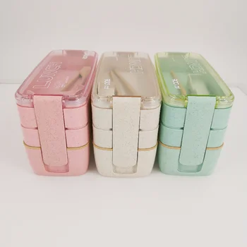 Kotak Makan Siang Bahan Sehat Kotak Bento Jerami Gandum 3 Lapis Peralatan Makan Microwave Wadah Penyimpanan Makanan Kotak Makan 900ml