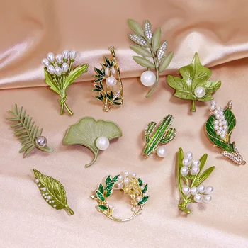 Kreatif Hijau Daun Tanaman Logam Pin Mutiara Bunga Bros untuk Wanita Kerah Aksesoris Perhiasan Hadiah