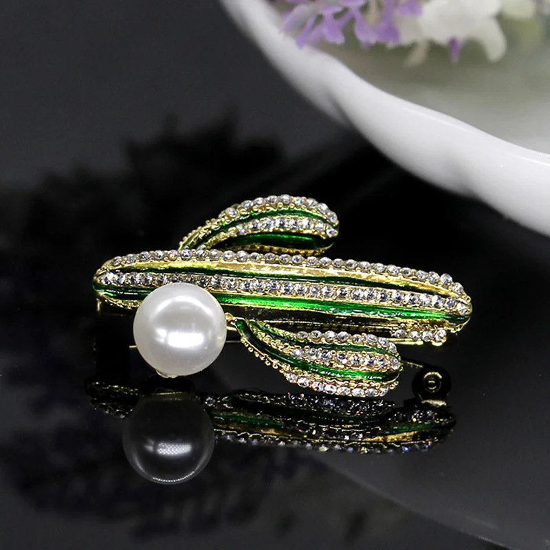 Kreatif Hijau Daun Tanaman Logam Pin Mutiara Bunga Bros untuk Wanita Kerah Aksesoris Perhiasan Hadiah - 1