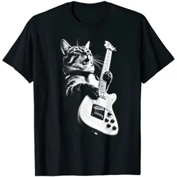 Kucing Rock Bermain Gitar Kaus Pria Kucing Gitar Lucu Kaus Oversized Hiphop Kaus Streetwear Harian Katun Kasual Kaus Streetwear Empat Musim