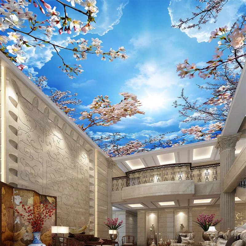 Langit Biru Romantis Awan Putih Wallpaper Foto Bunga Sakura Mural Langit-langit 3D Wallpaper Dekorasi Pastoral Hotel Bertema Ruang Tamu - 0