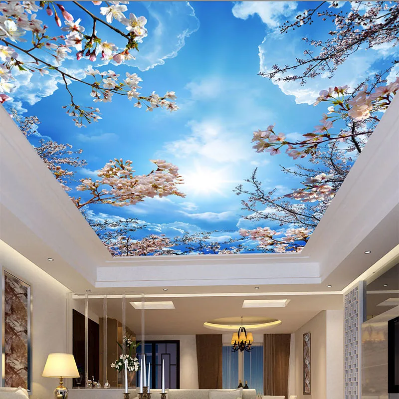 Langit Biru Romantis Awan Putih Wallpaper Foto Bunga Sakura Mural Langit-langit 3D Wallpaper Dekorasi Pastoral Hotel Bertema Ruang Tamu - 1