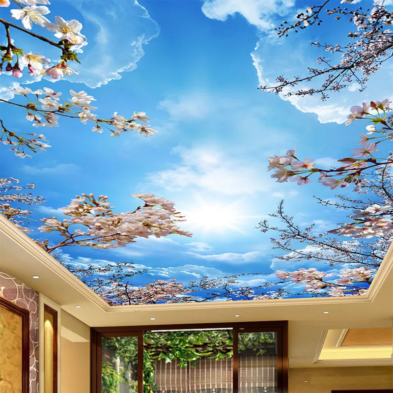 Langit Biru Romantis Awan Putih Wallpaper Foto Bunga Sakura Mural Langit-langit 3D Wallpaper Dekorasi Pastoral Hotel Bertema Ruang Tamu - 2