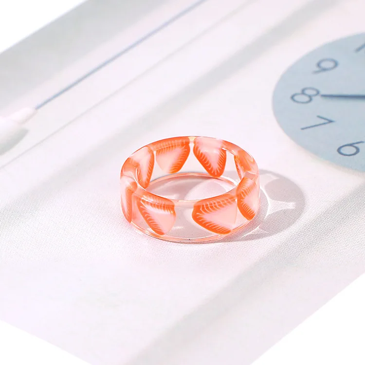 Lucu Geometris Bulat Transparan Warna-warni Resin Akrilik Senyum Daun Buah Alien Yin Yang Cincin Jari untuk Wanita Perhiasan Pesta - 2