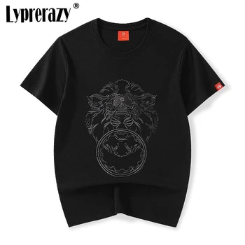 Lyprerazy Kaus Pria Lengan Pendek Bordir Kepala Singa Gaya Cina Musim Panas Kaus Atasan Katun Longgar