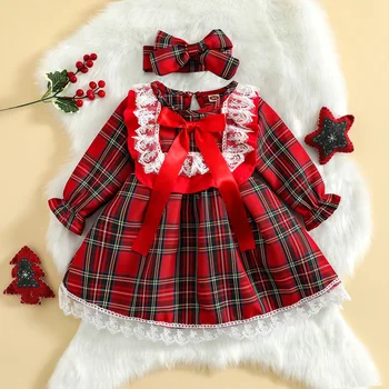 Ma & Baby 6M-4Y Gaun Natal Anak Perempuan Balita Gaun Pesta Tutu Lengan Panjang Renda Kotak-kotak untuk Anak Perempuan Kostum Natal D01