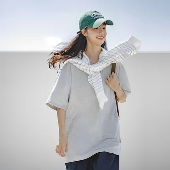 Maden Kaus Tipis Bersirkulasi Kasual Wanita 100% Katun Warna Solid Kaus Lengan Pendek Dasar Longgar Kaus Atasan Atletik Musim Panas