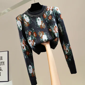 Manik-manik Berlian Leher O Sweter Ramping Pendek Wanita Vintage Jacquard Rajutan Pullover Atasan Lengan Panjang Mode Korea Atasan Lengan Panjang