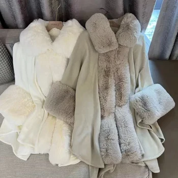 Mantel Bulu Kelinci Imitasi Mewah Lembut Mantel Kerah Lipat Lebar Wanita Musim Dingin Panjang Mantel Rajut Kardigan Pesta Selendang Selendang Besar
