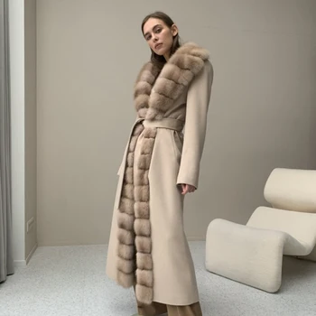 Mantel Bulu Wanita Mewah Bulu Asli Bulu Rubah Alami Musim Dingin Mantel Wol Kasmir Baru Jaket Musim Dingin Hangat