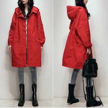 Mantel Parit Tudung Kasual Wanita Jaket Merah Bersulam Korea Panjang Sedang Mantel Fashion Pinggang Longgar Musim Semi Musim Gugur Wanita