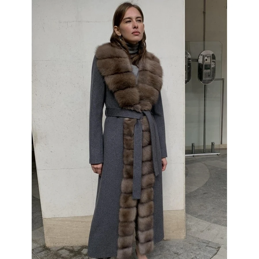 Mantel Bulu Wanita Mewah Bulu Asli Bulu Rubah Alami Musim Dingin Mantel Wol Kasmir Baru Jaket Musim Dingin Hangat - 2