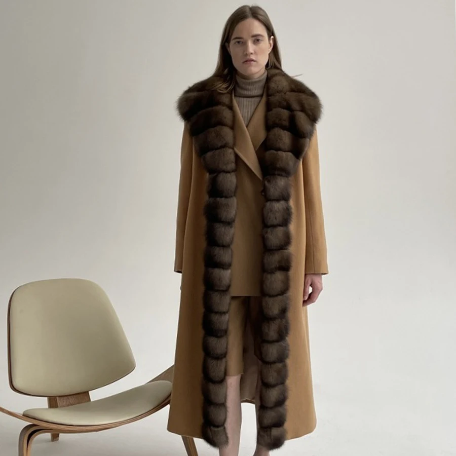 Mantel Bulu Wanita Mewah Bulu Asli Bulu Rubah Alami Musim Dingin Mantel Wol Kasmir Baru Jaket Musim Dingin Hangat - 3