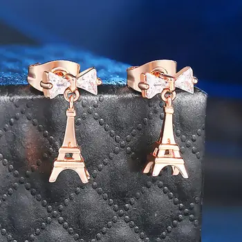 Menara Eiffel Anting-Anting untuk Wanita Ikatan Simpul Unik Kristal Mawar Emas Warna Menjuntai Telinga Cincin Aksesoris Fashion Perhiasan DZE003