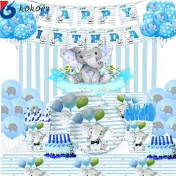 Mengungkapkan Jenis Kelamin Set Peralatan Makan Sekali Pakai Anak Laki-laki Dekorasi Pesta Ulang Tahun ke-1 Cangkir Piring Serbet Perlengkapan Pesta Gajah Biru Baby Shower