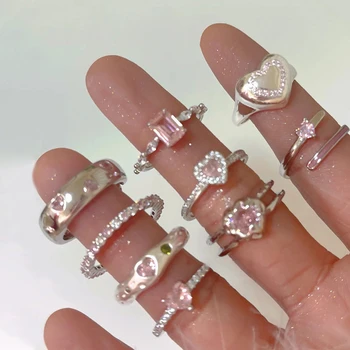 Merah Muda Kristal Jantung Tidak Teratur Cincin Kreatif Zircon Ikatan Simpul Opal Cinta Hati Terbuka Cincin Y2K Mengkilap Cincin untuk Wanita Pesta Perhiasan