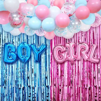 Merah Muda dan Biru Jenis Kelamin Mengungkapkan Dekorasi Pesta Karangan Bunga Balon Balon Foil Anak Laki-laki Perempuan Tirai Pinggiran Foil Latar Belakang Dekorasi Pesta