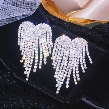 Mewah Berlian Imitasi Rumbai Anting-Anting untuk Wanita Elegan Kristal Besar Jantung Drop Menjuntai Anting-Anting Pernikahan Anting-Anting Perhiasan Aksesoris