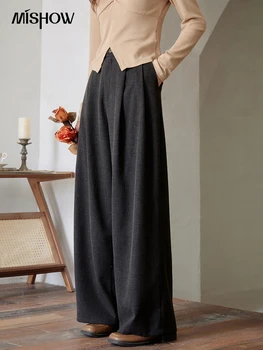 Mishow Celana Kaki Lebar Longgar untuk Wanita Musim Gugur 2023 Pakaian Wanita Saku Lurus Padat Celana Panjang Penuh Wanita Kantor MXC41K0448