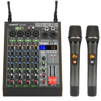 Mixer Audio 4 Saluran Profesional dengan Mikrofon Nirkabel UHF USB Bluetooth Sistem Karaoke Konsol Pencampur Suara LOMEHO AM-AKS2