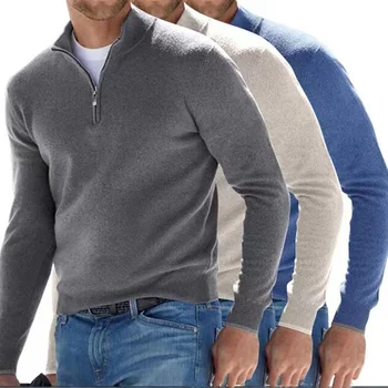 Musim Gugur Musim Dingin Pria Leher V Bulu Ritsleting Pullover Lengan Panjang Fashion Hip Hop Turtleneck Top Polo Shirt Sweater