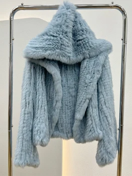Musim Gugur Musim Dingin Wanita Mantel Bulu Kelinci Asli Jaket Bulu Alami 100% Longgar Kualitas Tenun Manual Streetwear Bertudung Lengan Suar Baru