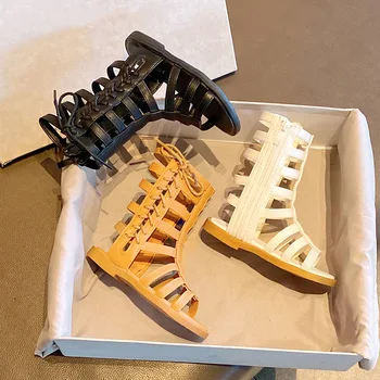 Musim Panas Fashion Roman Boots High-Top Gadis Sandal Anak Gladiator Sandal Tumit Rendah Anak Sandal Anak Perempuan Sepatu Tali Samping F05231