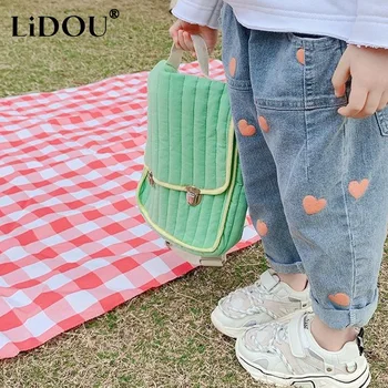Musim Panas Musim Gugur Korea Fashion Anak Perempuan Jeans Cetak Jantung Celana Chic Cute Kawaii Manis Warna Kontras Kasual Anak-anak Celana