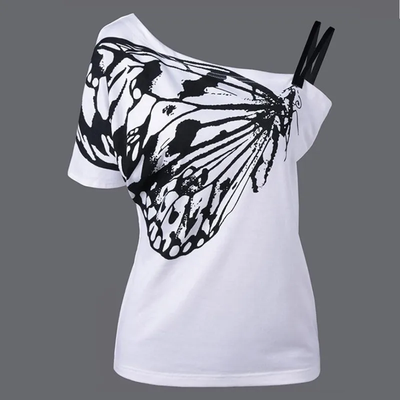 Musim Panas Seksi Off Bahu Kupu-kupu Cetak T Shirt Wanita Katun Slim Sling Kemeja Chemise Femme Atasan Kemeja Camisas Mujer - 3