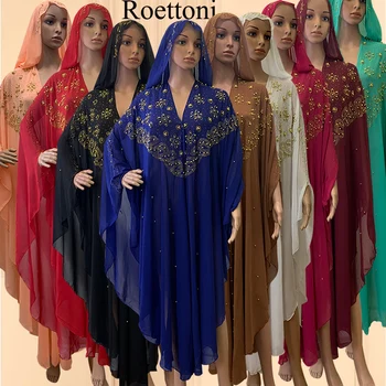 Muslim Kaftan Abaya Gaun Wanita Dubai Pakaian Terbuka Turki Batu Chiffon Bertudung Gaun Elegan Afrika Longgar Boubou Manik-manik Mewah